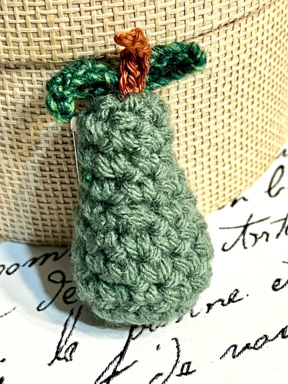 Petite GREEN PEAR BROOCH/PIN Handmade by Me, Whimsical Tiny Crocheted Pear NWT